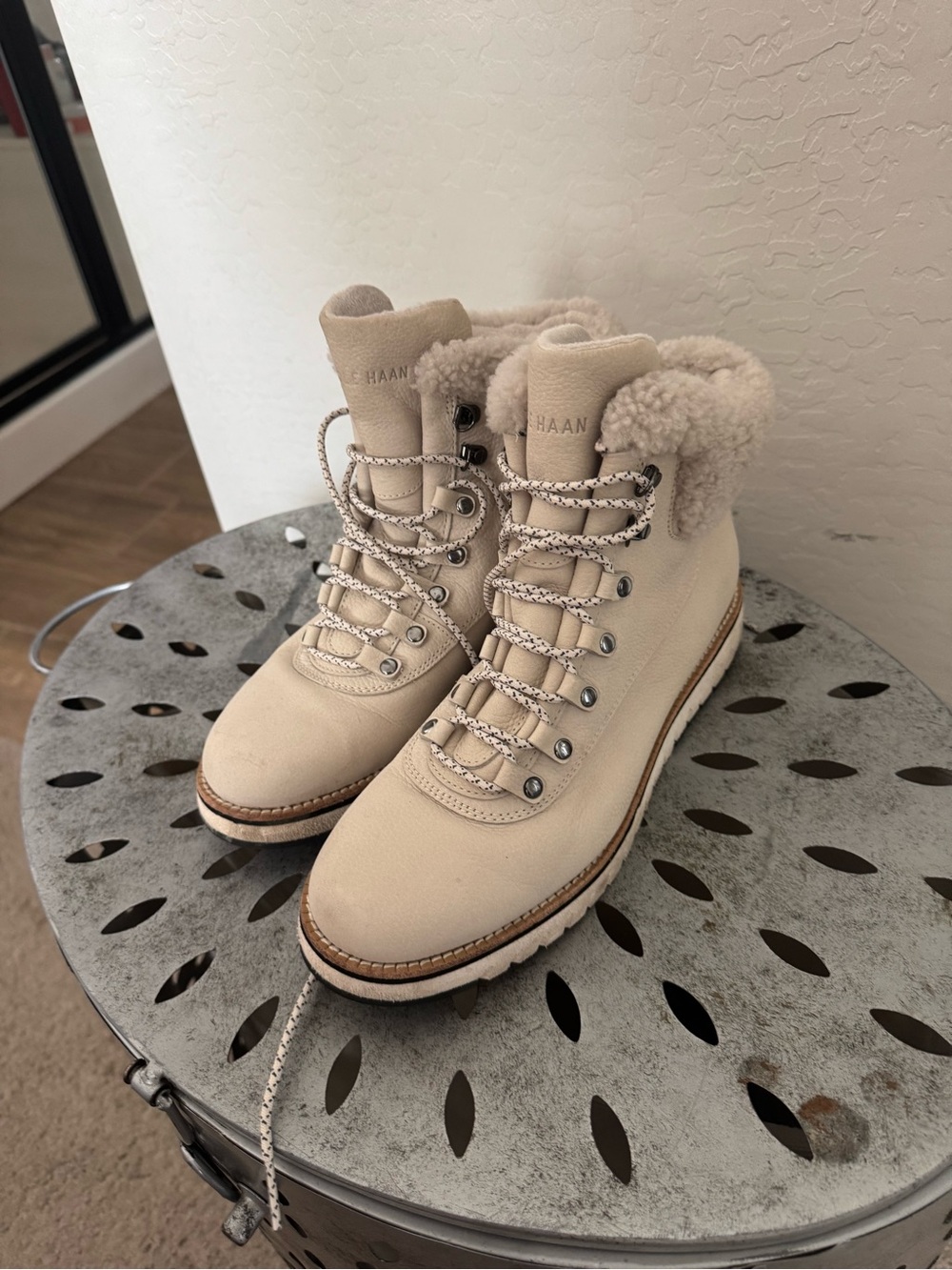 Cole Haan Cream Lace-Up Sherpa Collar Waterproof Boots